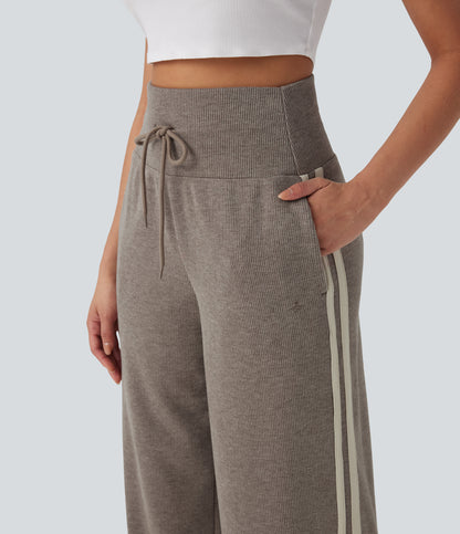 High Waisted Tummy Control Drawstring Wide Leg Color Block Casual Pants with Pockets