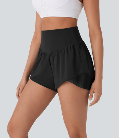 Schnelltrocknende Yoga-Shorts mit hoher Taille, überkreuztem Saum und Tasche