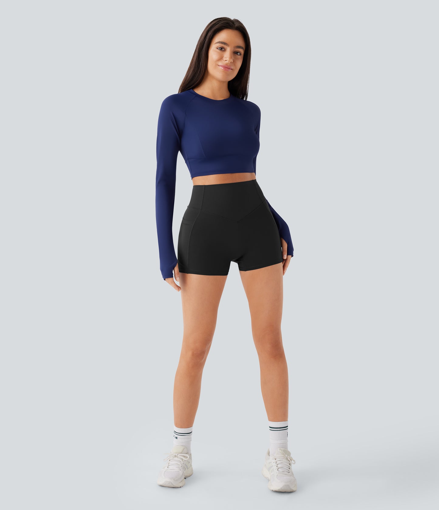 Høy midje, skrumpet rumpeløftende, magekontroll, lommeformende treningsbiker-shorts 7,5 cm