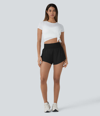 QuickDry Laufshorts mit hoher Taille, reflektierenden Punkten, überkreuztem Saum und 2-in-1-Taschen