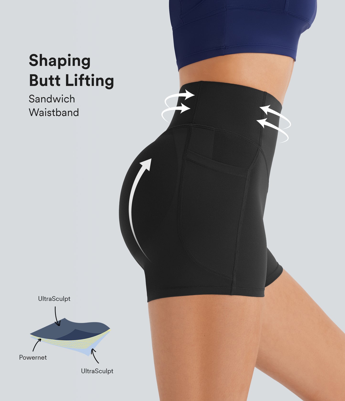 Høy midje, skrumpet rumpeløftende, magekontroll, lommeformende treningsbiker-shorts 7,5 cm