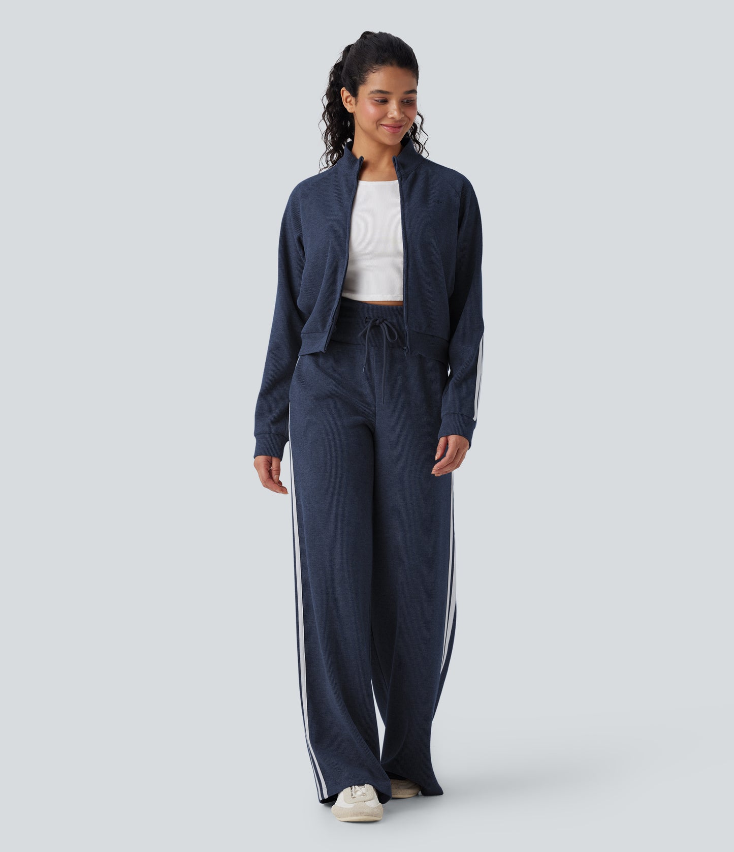 High Waisted Tummy Control Drawstring Wide Leg Color Block Casual Pants with Pockets