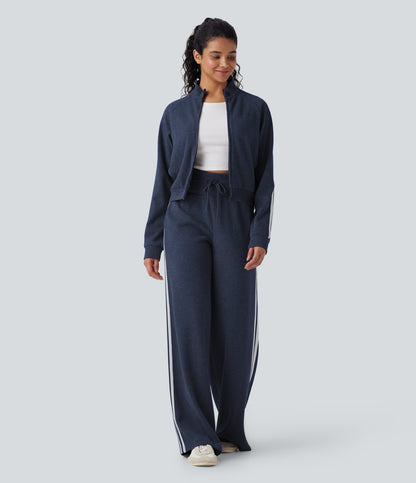 High Waisted Tummy Control Drawstring Wide Leg Color Block Casual Pants with Pockets
