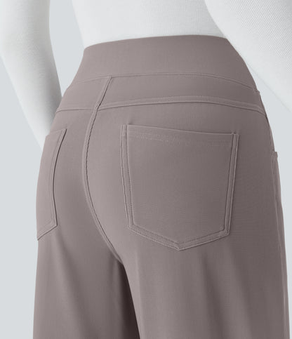High Waisted Tummy Control Pockets Wide Leg Micro Waffle Work Pants