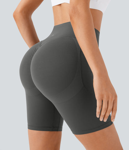 Høy midje, skrumpet rumpeløftende, magekontroll, formende treningsbiker-shorts med sidelommer, 18 cm