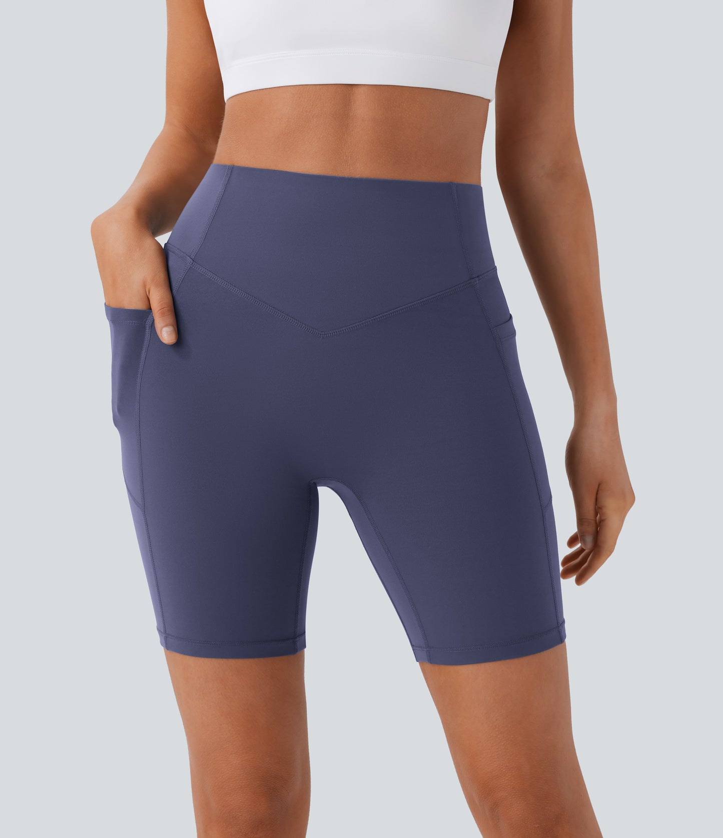 Høy midje, skrumpet rumpeløftende, magekontroll, formende treningsbiker-shorts med sidelommer, 18 cm