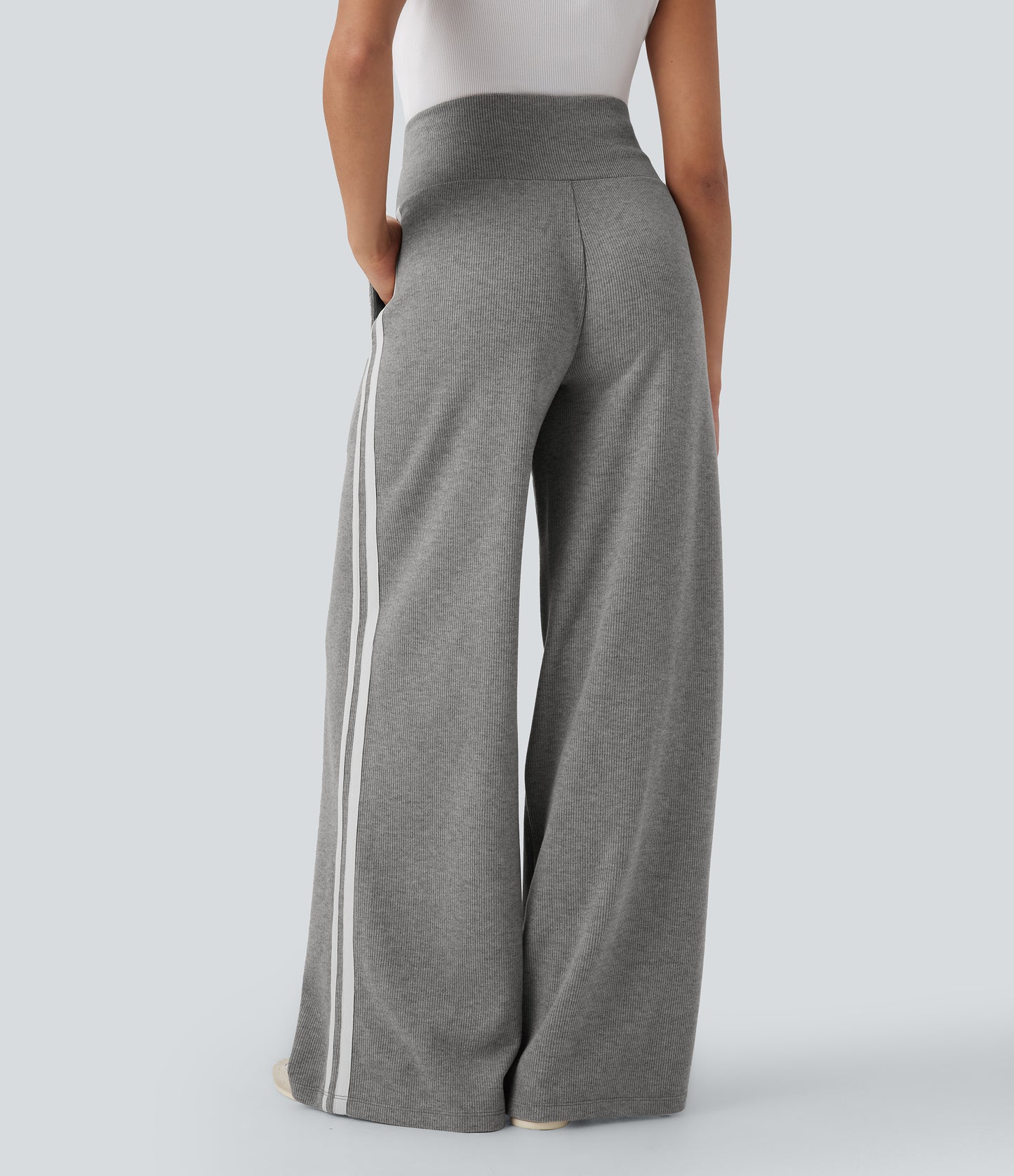 High Waisted Tummy Control Drawstring Wide Leg Color Block Casual Pants with Pockets