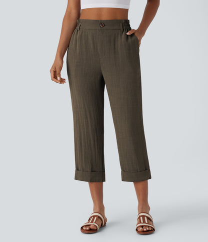 High Waisted Zipper Pocket Capri Linen-Feel Pants