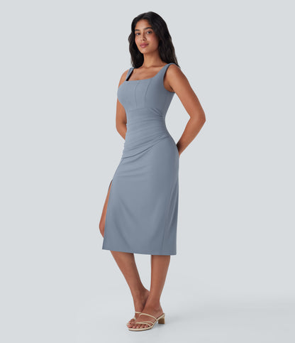 Square Neck Corset Ruched Bodycon Midi Cool Touch Dress-D/DD/DDD/F Cups