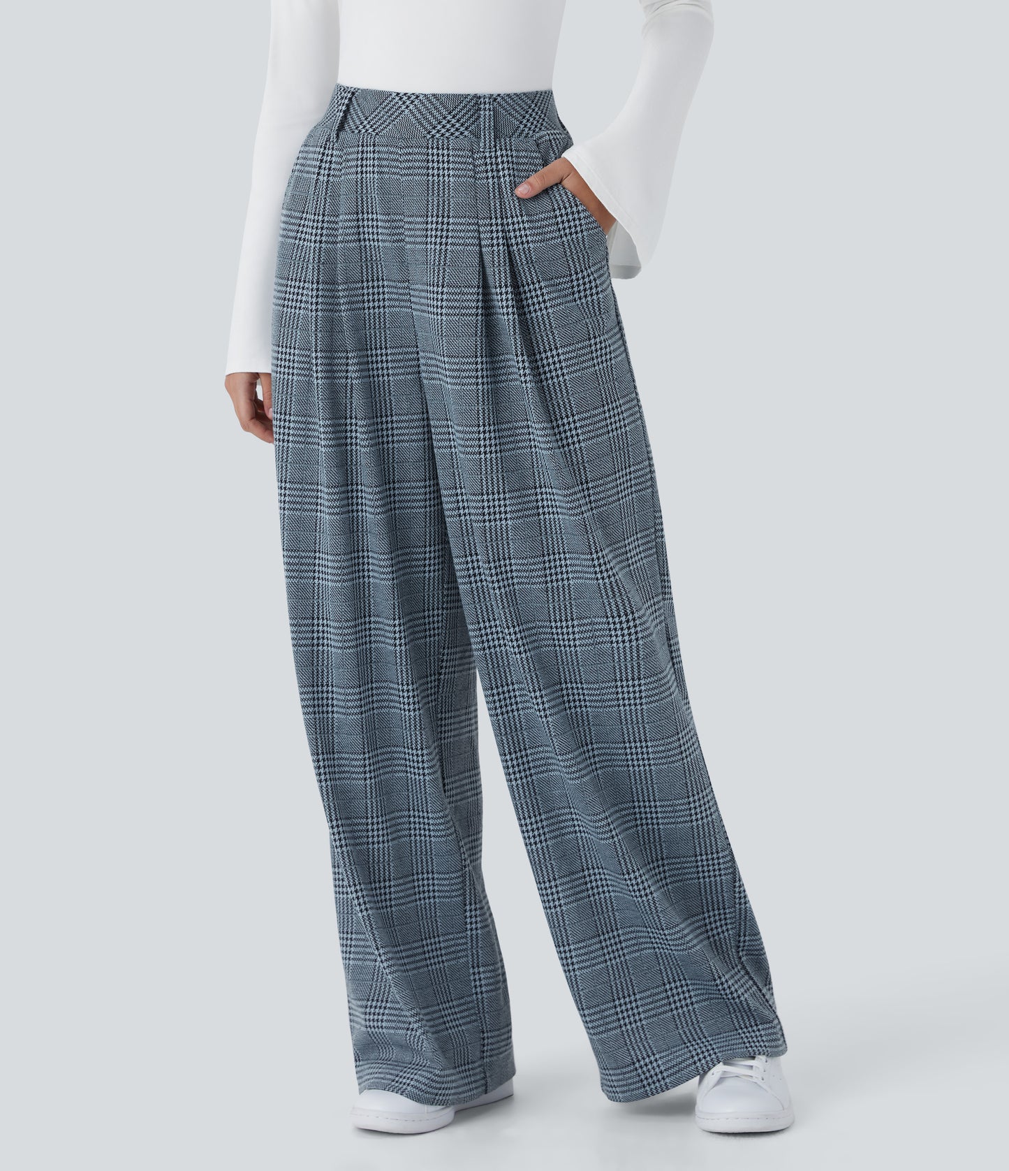 High Waisted Pocket Wide Leg Houndstooth Plaid Casual Pants