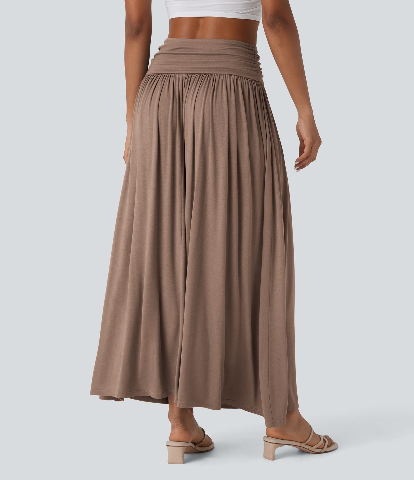 High Waisted Ruched Flowy Maxi Casual Skirt