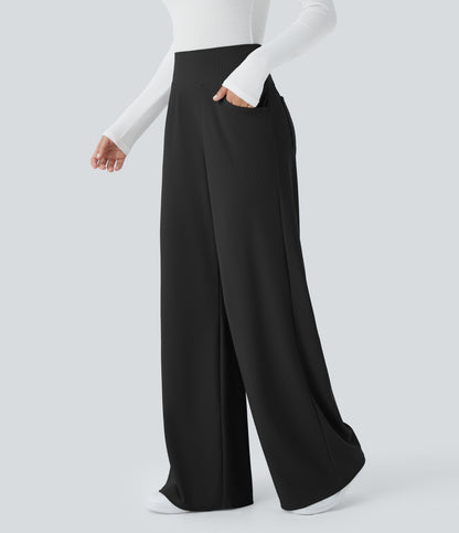 High Waisted Tummy Control Pockets Wide Leg Micro Waffle Work Pants