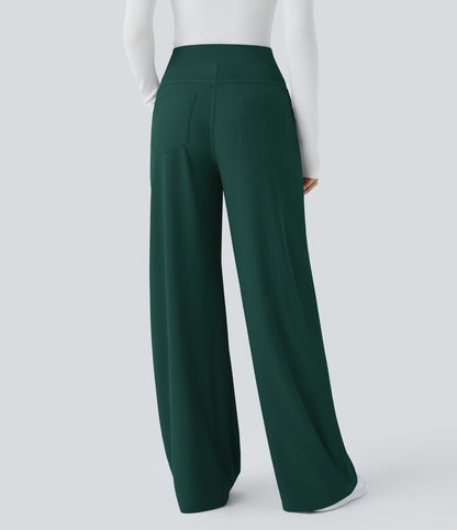 High Waisted Tummy Control Pockets Wide Leg Micro Waffle Work Pants