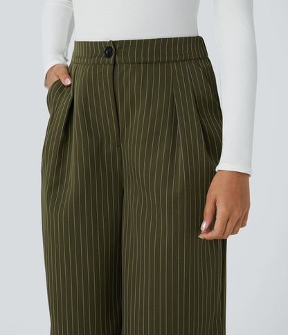 High Waisted Zipper Pocket Wide Leg Striped Work Pants