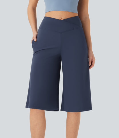 High Waisted Wide Leg Cool Touch Yoga Pedal Pusher Pants with Pockets