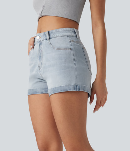 Mellomhøy midje med glidelåslommer og casual denimshorts 7,5 cm