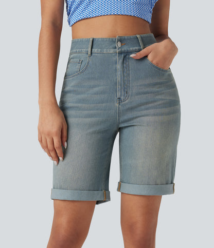 Lässige Bermuda-Shorts aus gewaschenem Denim mit hoch taillierten Taschen und gerolltem Saum