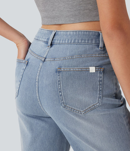 Lässige Bermuda-Shorts aus gewaschenem Denim mit hoch taillierten Taschen und gerolltem Saum