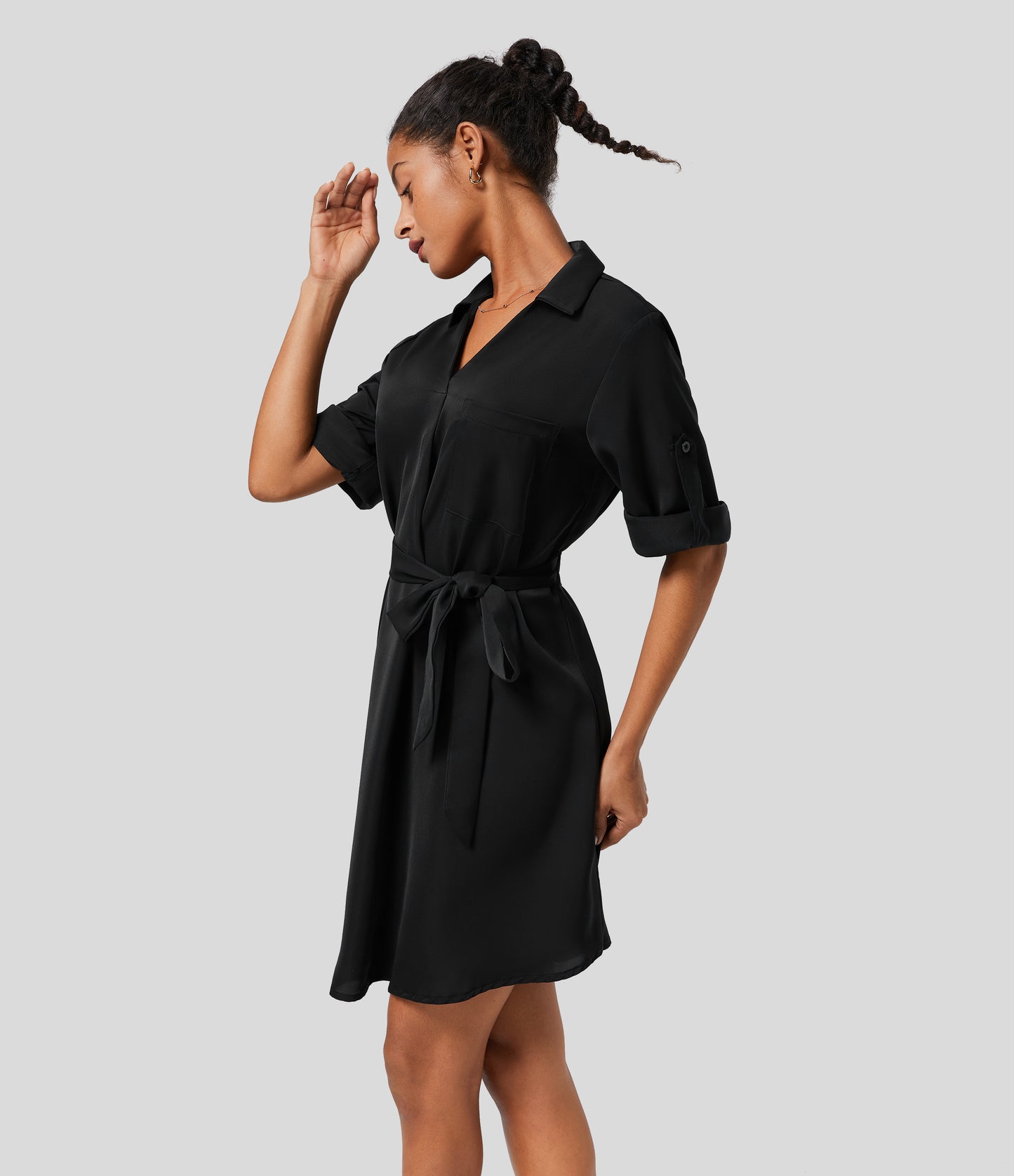 Roll Up Sleeve Belted Relaxed Work Shirt Dress