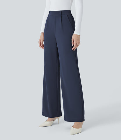 High Waisted Pocket Straight Leg Crepe Work Pants