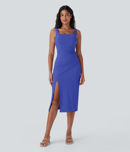 Square Neck Corset Ruched Bodycon Midi Cool Touch Dress-D/DD/DDD/F Cups