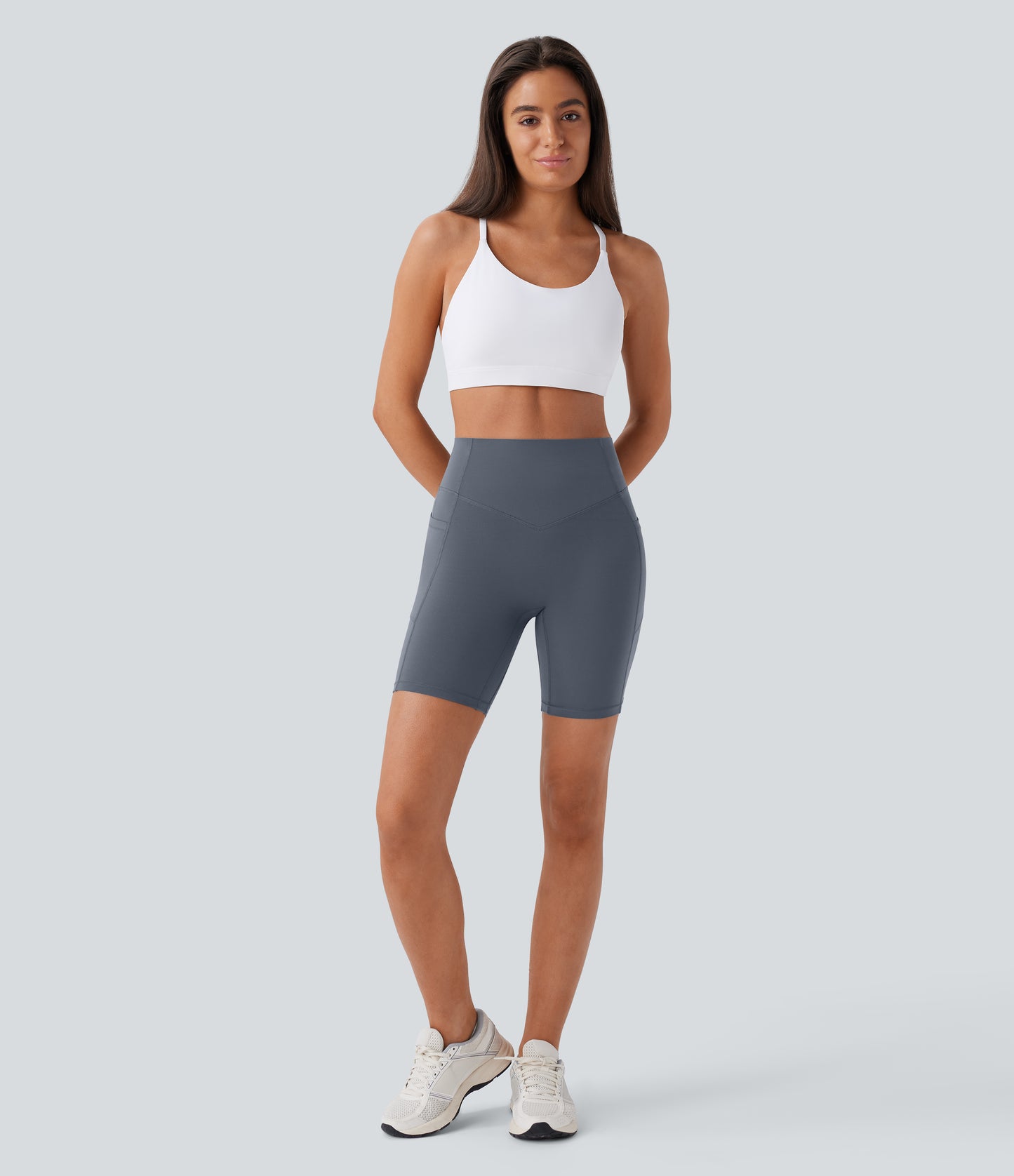 Høy midje, skrumpet rumpeløftende, magekontroll, formende treningsbiker-shorts med sidelommer, 18 cm
