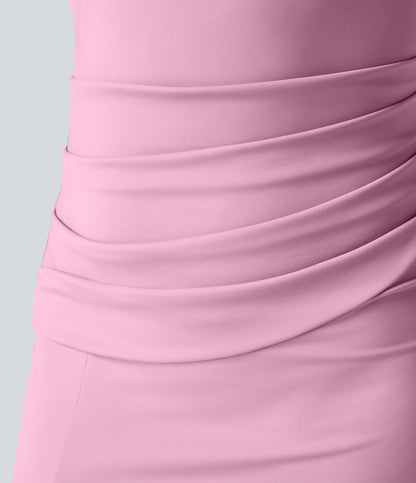 Square Neck Backless Corset Ruched Split Bodycon Midi Cool Touch Bridesmaid and Wedding Guest Dress