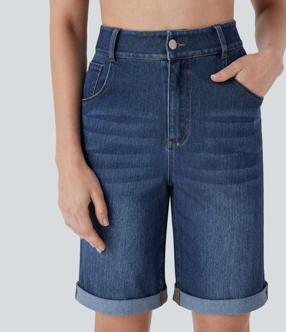 Lässige Bermuda-Shorts aus gewaschenem Denim mit hoch taillierten Taschen und gerolltem Saum