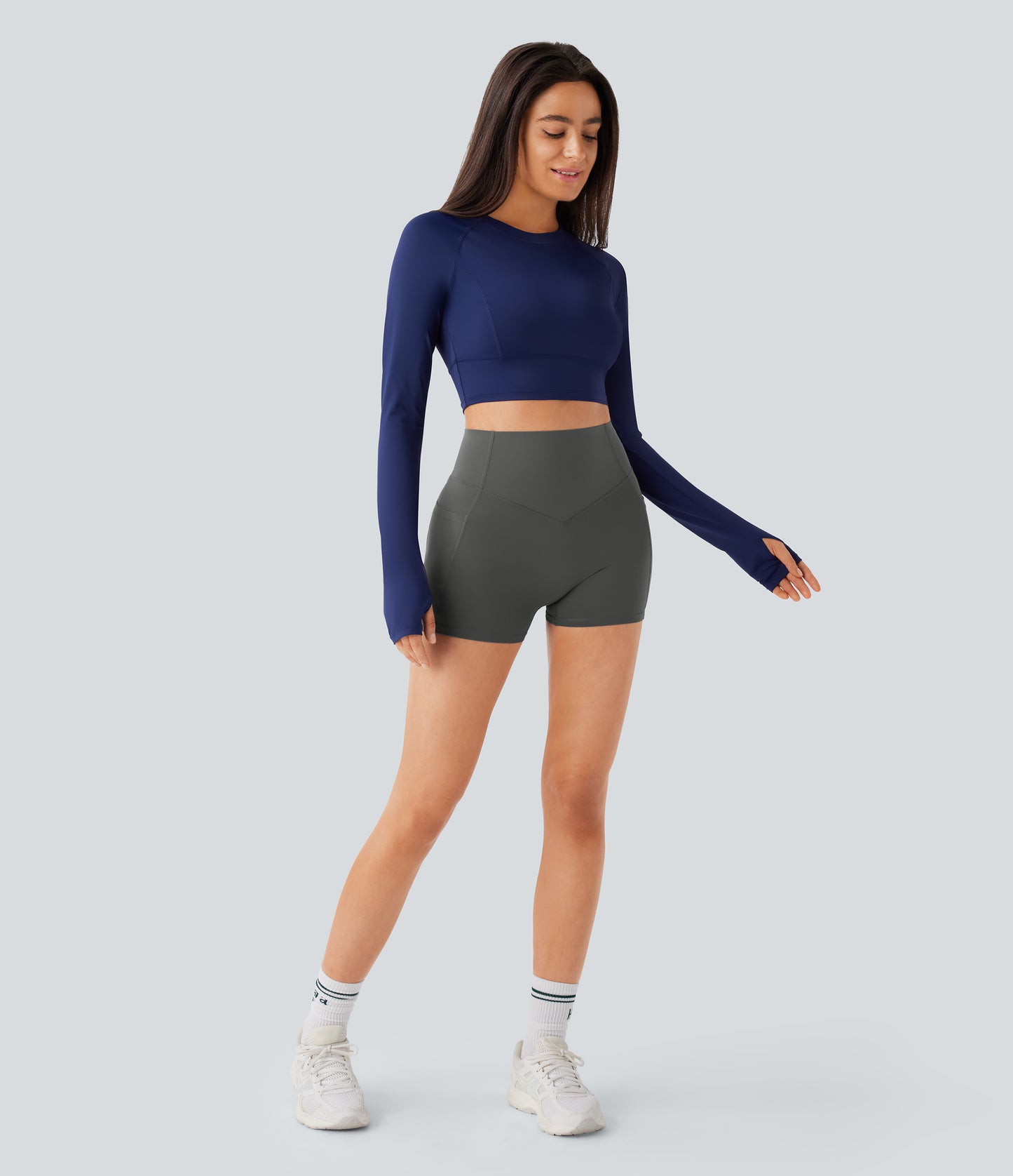 Høy midje, skrumpet rumpeløftende, magekontroll, lommeformende treningsbiker-shorts 7,5 cm