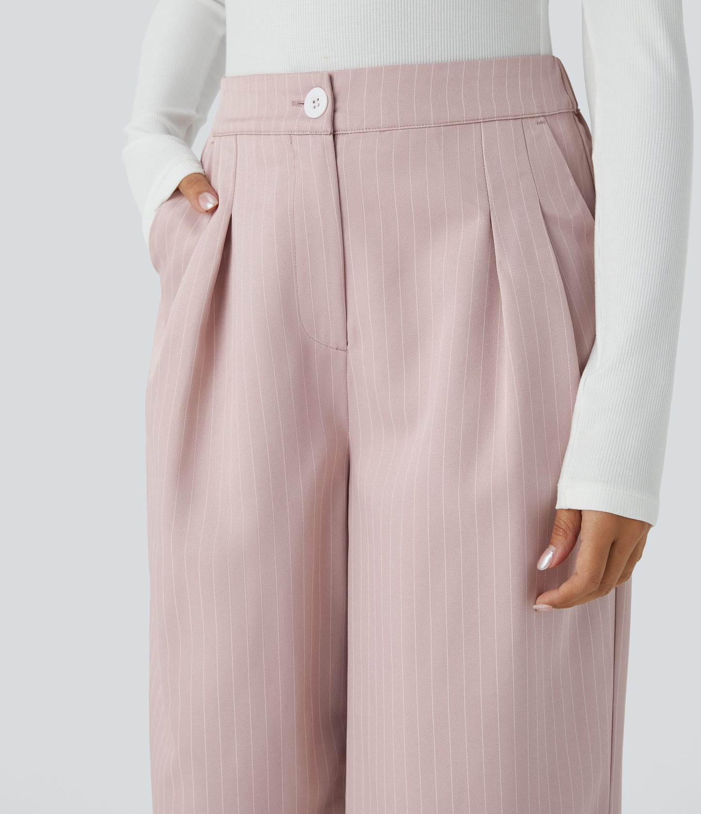 High Waisted Zipper Pocket Wide Leg Striped Work Pants