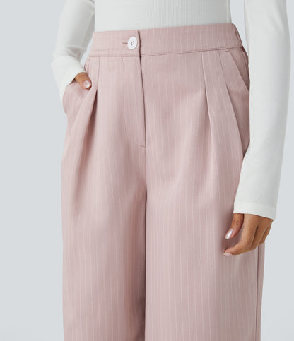 High Waisted Zipper Pocket Wide Leg Striped Work Pants