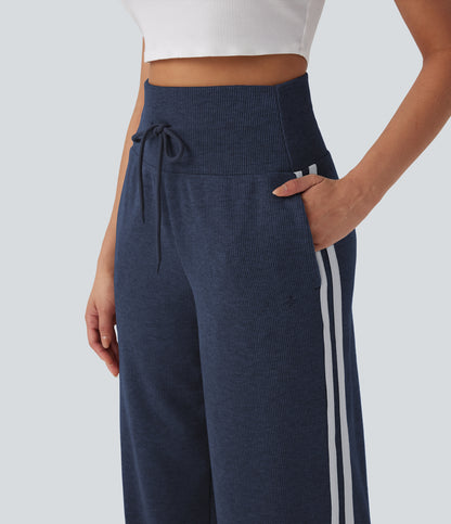 High Waisted Tummy Control Drawstring Wide Leg Color Block Casual Pants with Pockets
