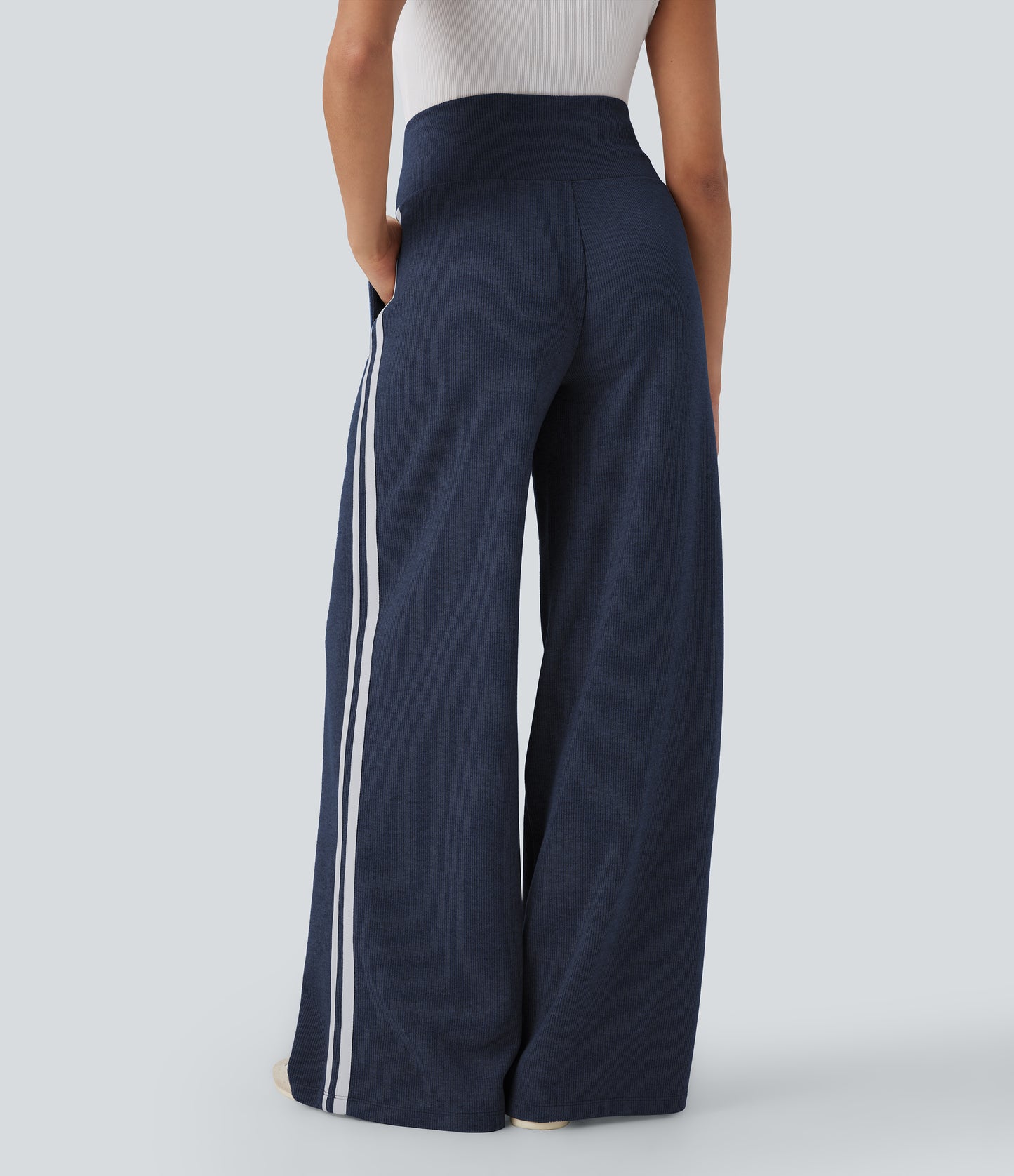 High Waisted Tummy Control Drawstring Wide Leg Color Block Casual Pants with Pockets