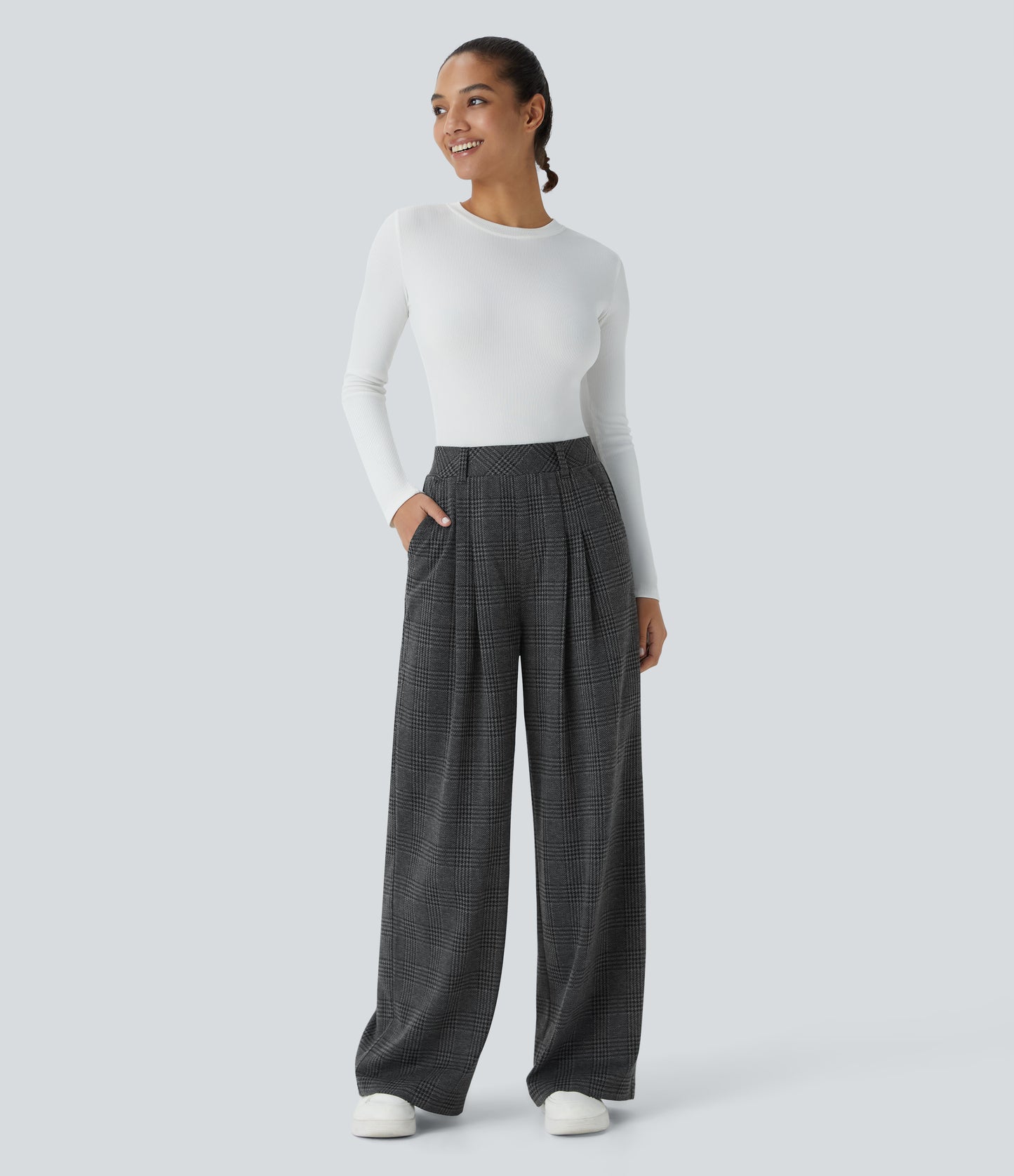 High Waisted Pocket Wide Leg Houndstooth Plaid Casual Pants
