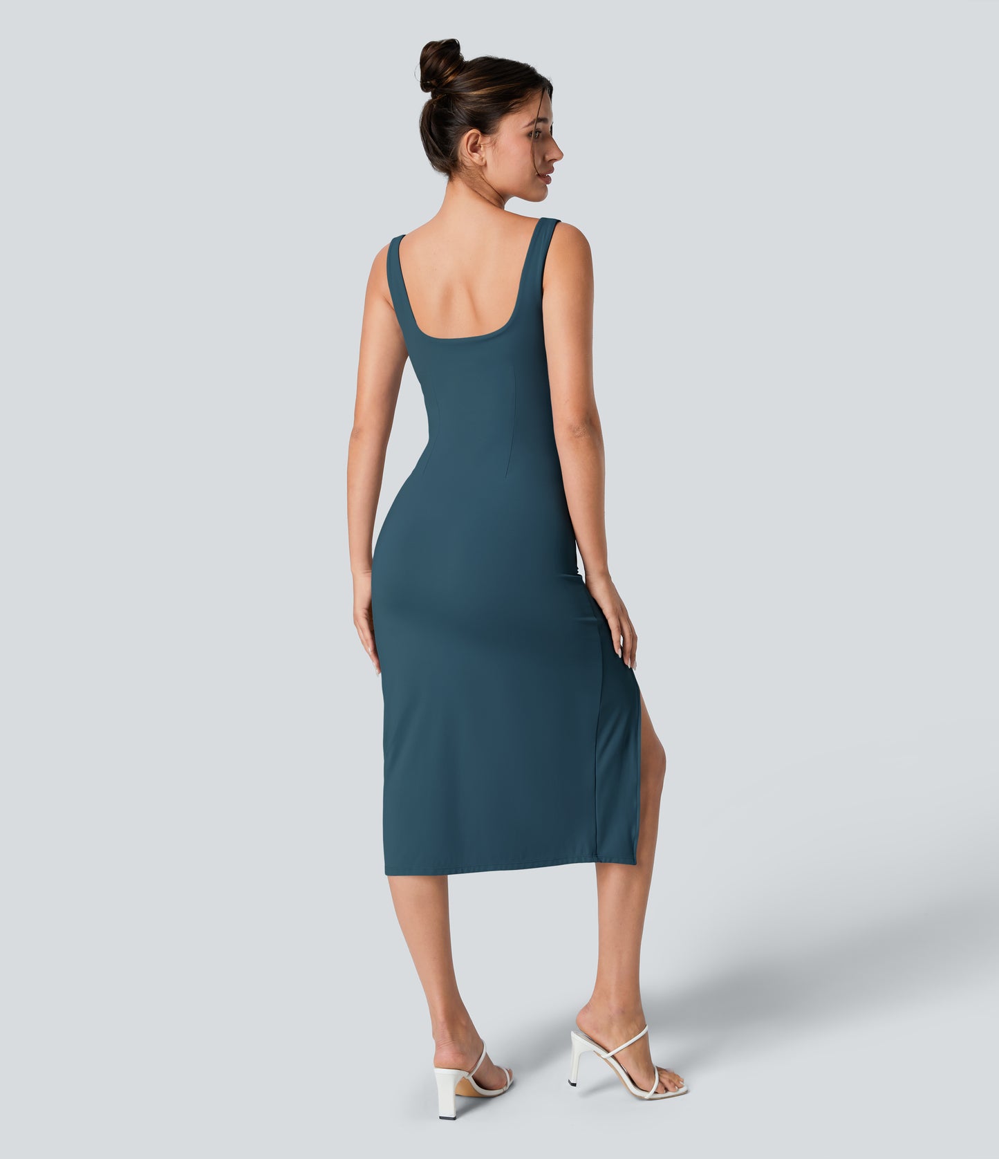 Square Neck Backless Corset Ruched Split Bodycon Midi Cool Touch Bridesmaid and Wedding Guest Dress