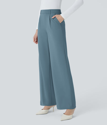 High Waisted Pocket Straight Leg Crepe Work Pants