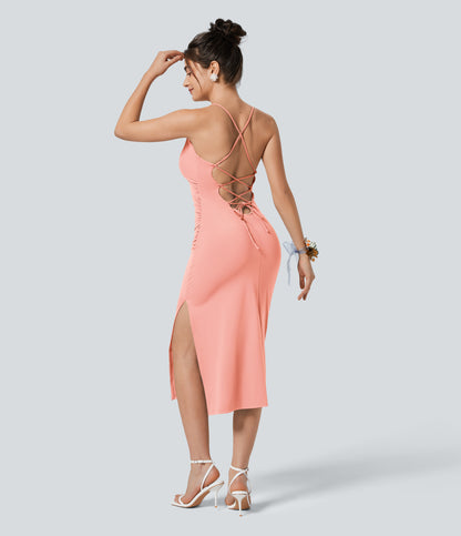 Crossover Ruched Lace Up Bodycon Cool Touch Dress-UPF50+