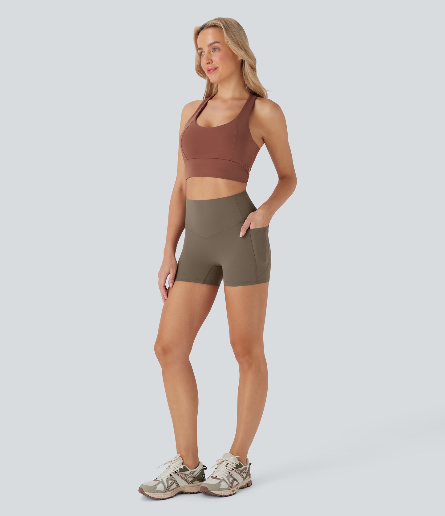 Hoch taillierte, bauchkontrollierende, formende Trainings-Bikershorts mit Tasche, 3 Zoll