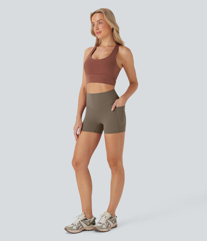 Hoch taillierte, bauchkontrollierende, formende Trainings-Bikershorts mit Tasche, 3 Zoll