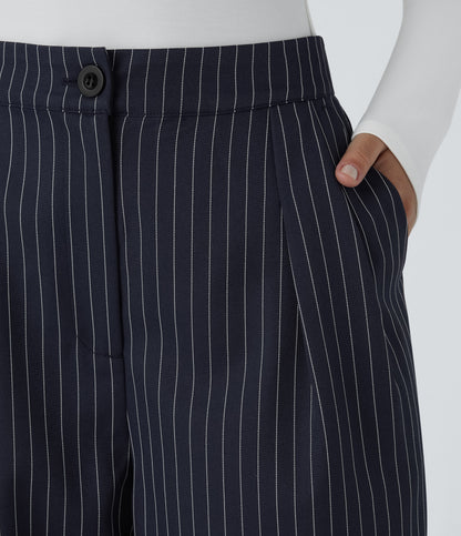 High Waisted Zipper Pocket Wide Leg Striped Work Pants