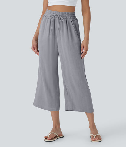 High Waisted Drawstring Wide Leg Cropped Casual Linen-Feel Pants with Pockets