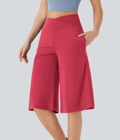 High Waisted Wide Leg Cool Touch Yoga Pedal Pusher Pants with Pockets