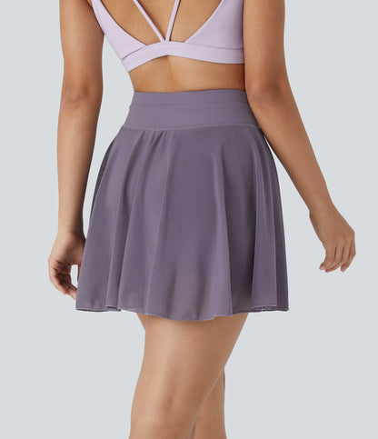 High Waisted Drawstring Contrast Mesh 2-in-1 Pocket Flowy Mini Flare Casual Skirt