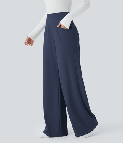 High Waisted Tummy Control Pockets Wide Leg Micro Waffle Work Pants