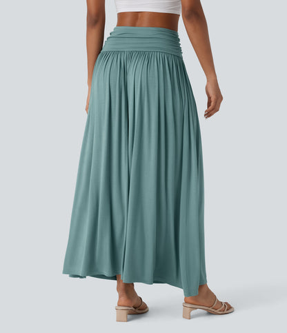 High Waisted Ruched Flowy Maxi Casual Skirt