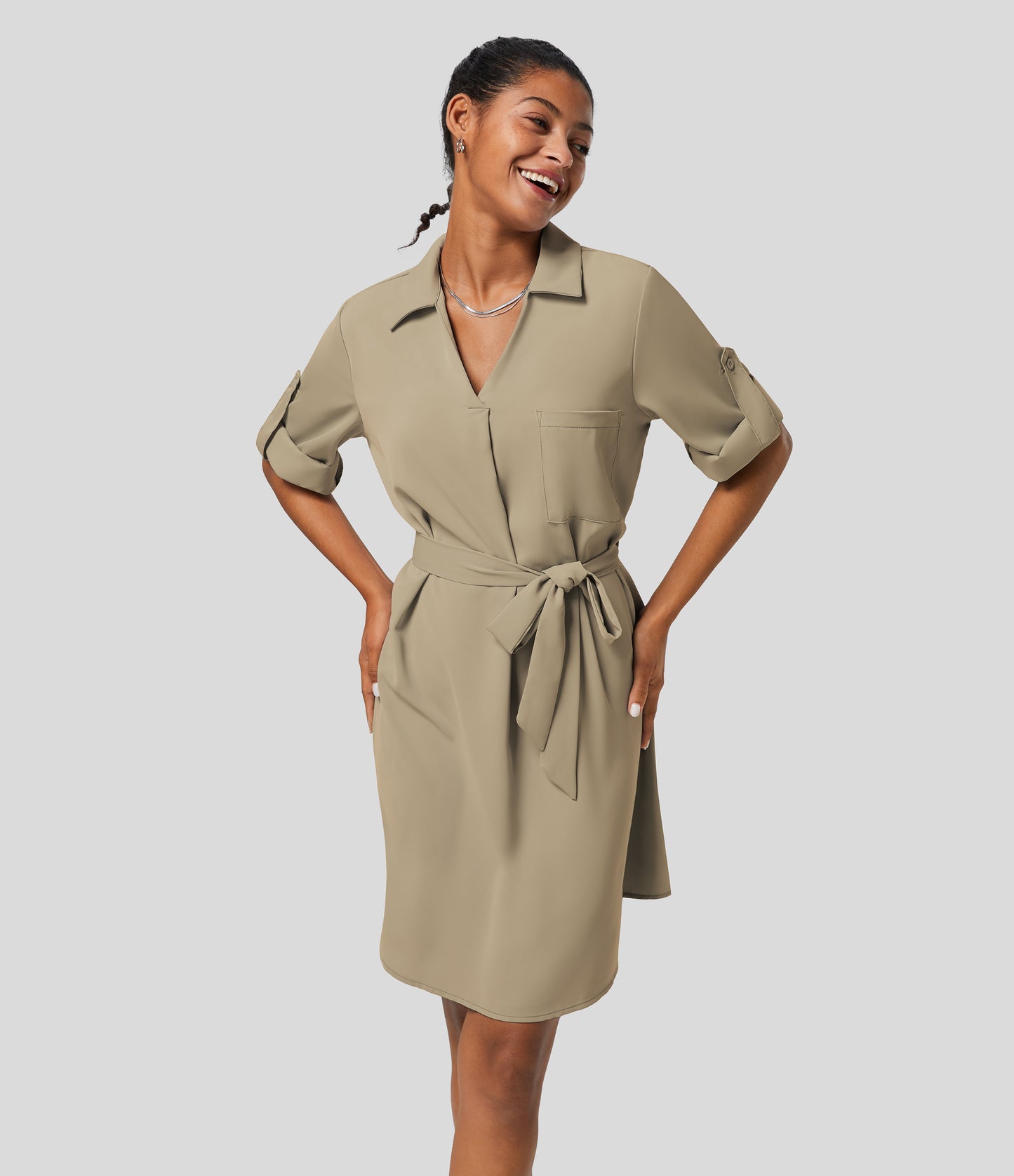 Roll Up Sleeve Belted Relaxed Work Shirt Dress