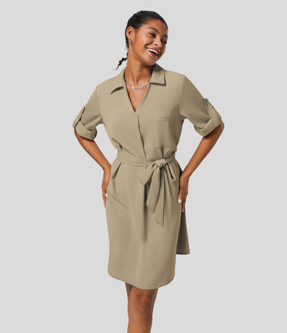 Roll Up Sleeve Belted Relaxed Work Shirt Dress