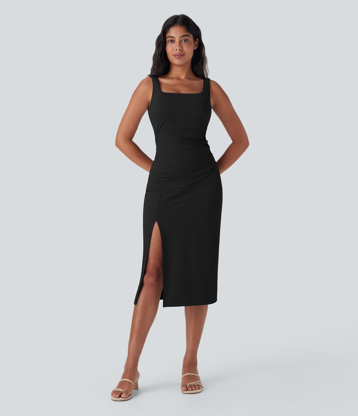 Square Neck Corset Ruched Bodycon Midi Cool Touch Dress-D/DD/DDD/F Cups