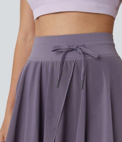 High Waisted Drawstring Contrast Mesh 2-in-1 Pocket Flowy Mini Flare Casual Skirt