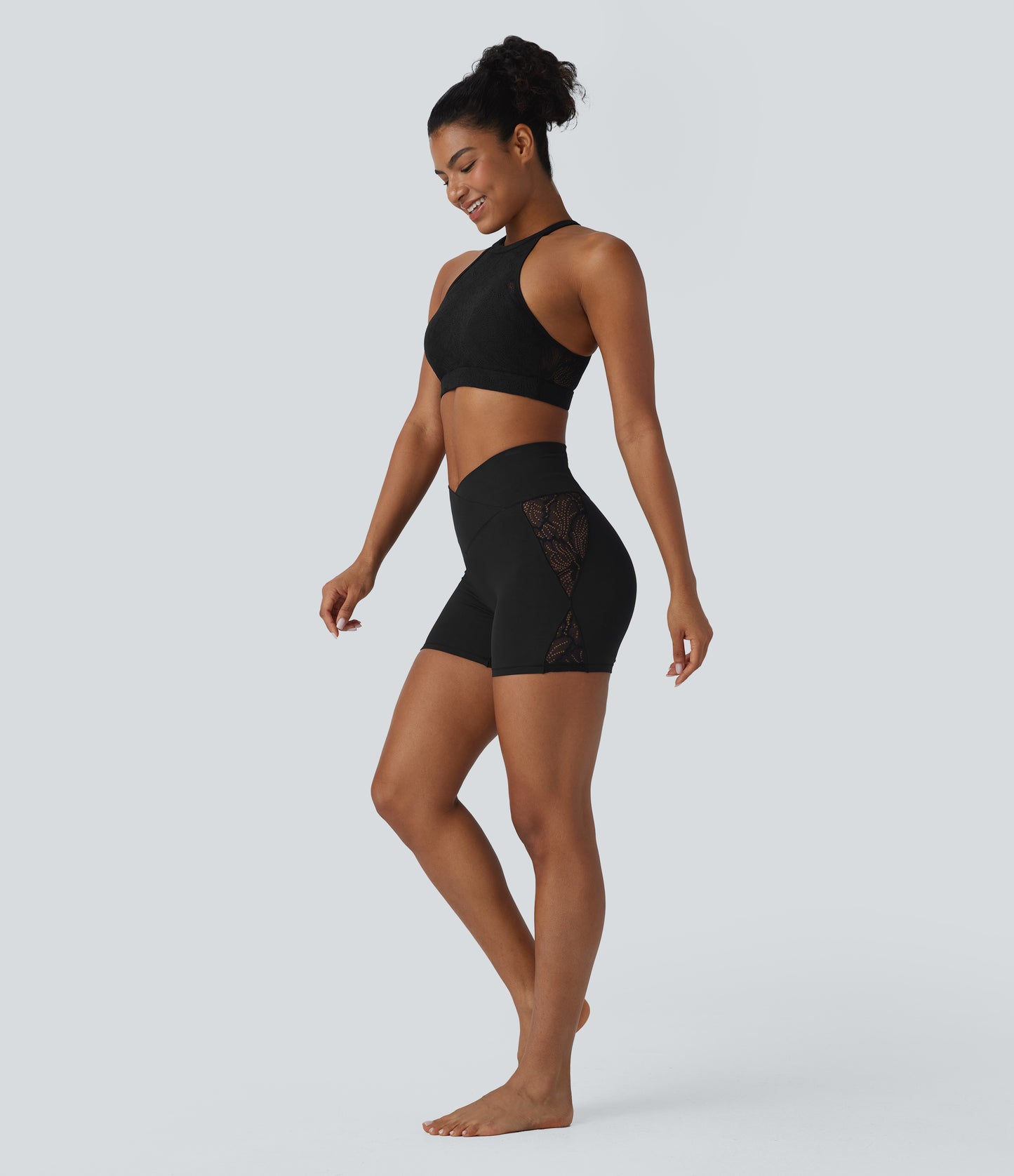 High Waisted Crossover Contrast Lace Built-in Underwear Yoga Biker Shorts 5'' with Pocket-UPF50+